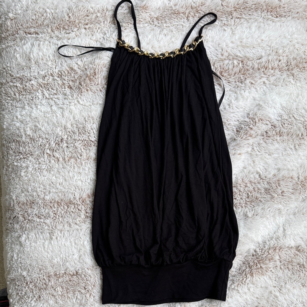 BEBE Black Bubble Dress with Gold Chain Detail XS